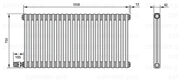 Схема (чертеж) Радиатор Zehnder Charleston 2075/23 №V004 Белый глянцевый RAL 9016